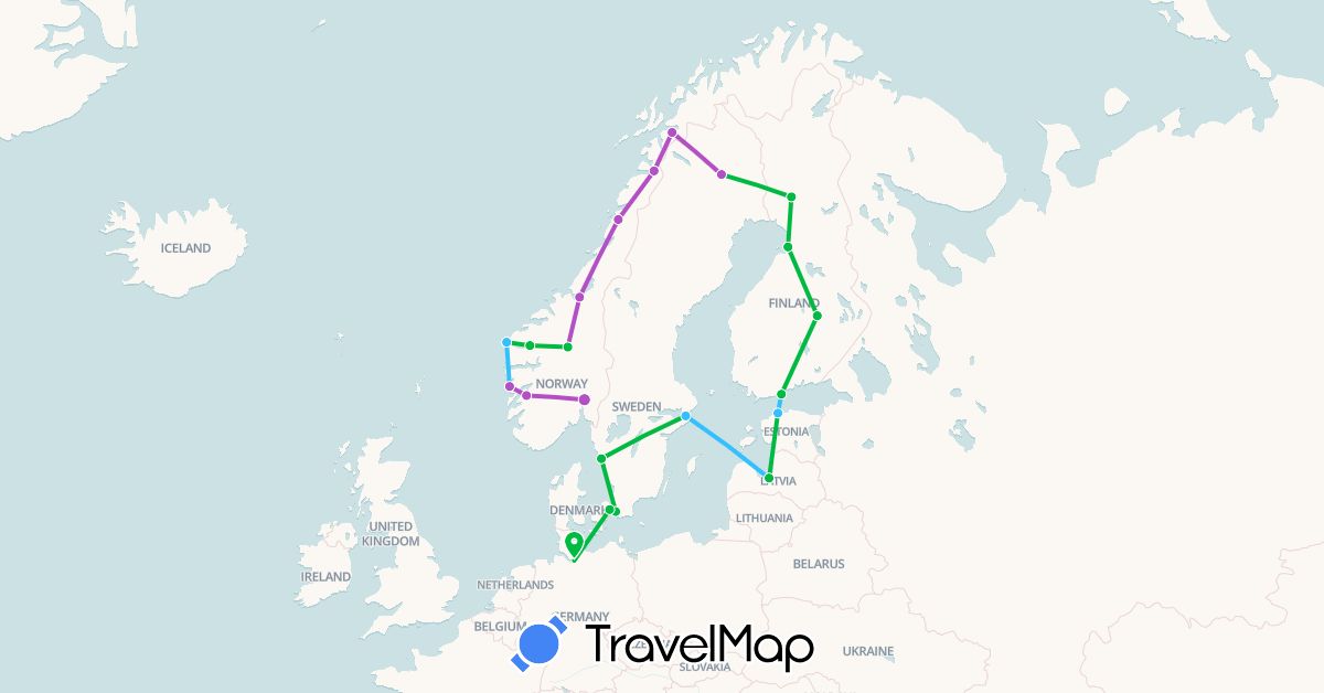 TravelMap itinerary: driving, bus, train, boat in Germany, Denmark, Estonia, Finland, Latvia, Norway, Sweden (Europe)